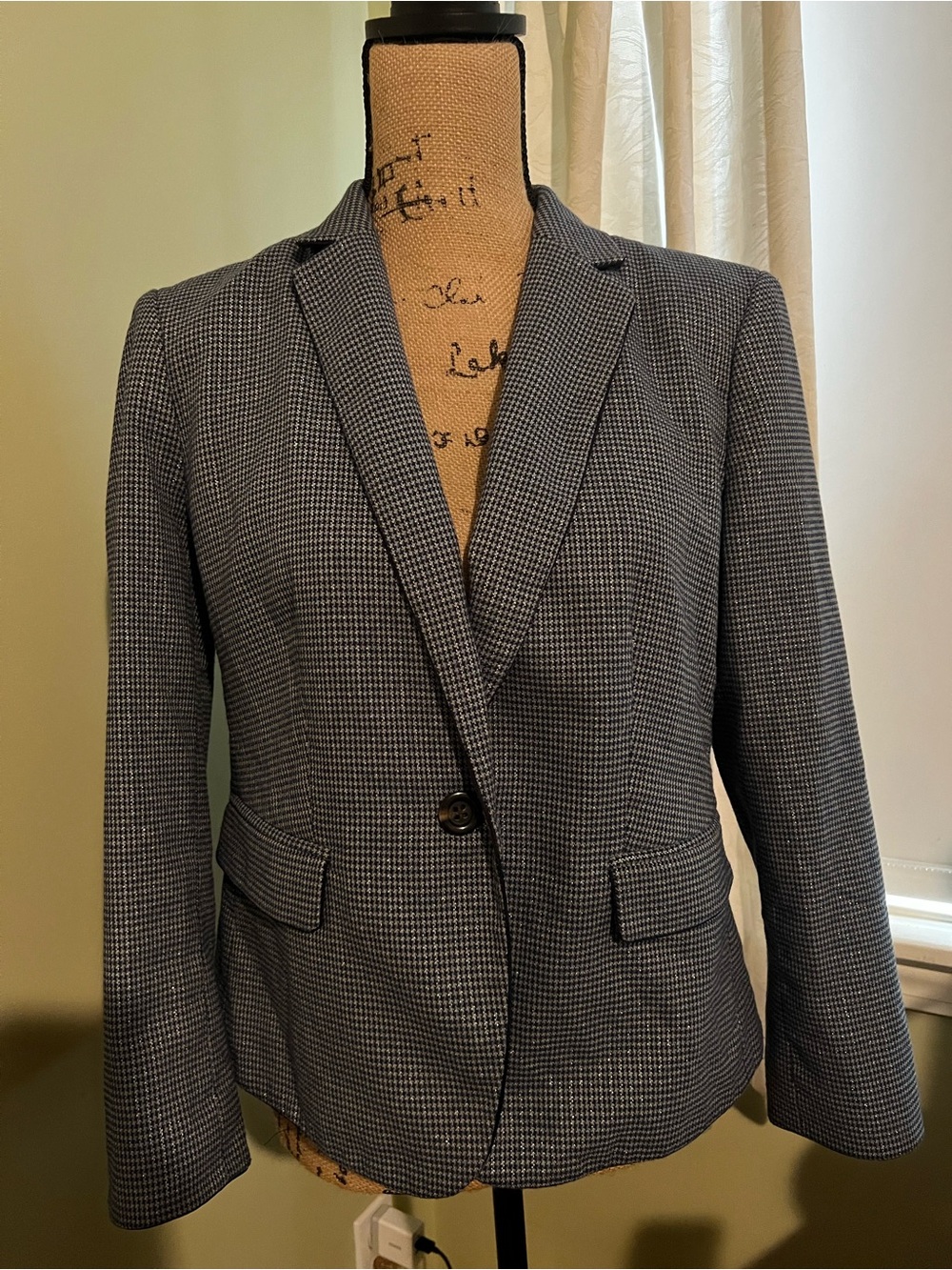 Ann Taylor Navy & Silver Houndstooth Single-Button Blazer